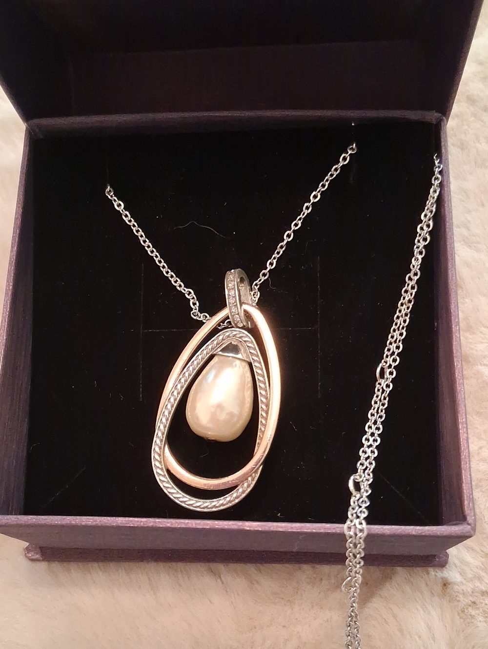 Two-Tone Silver & Rose Gold Pearl Drop Pendant Necklace